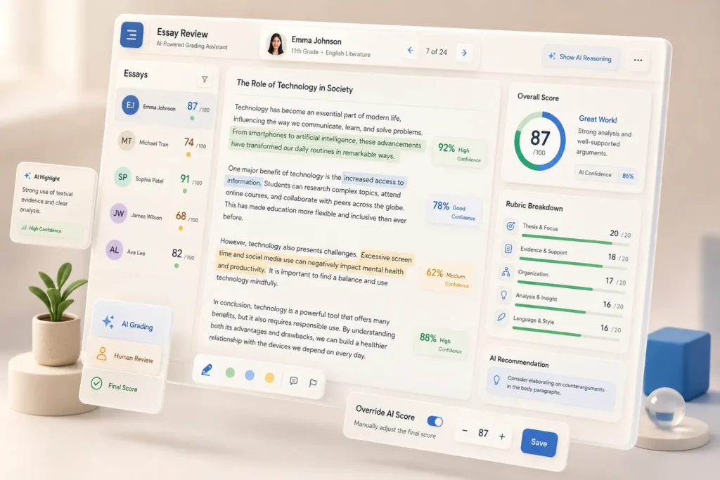 Teacher reviewing AI essay grading feedback interface