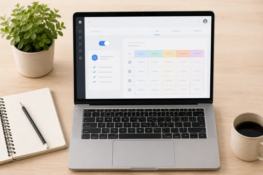 Laptop screen showing a free AI rubric generator dashboard with a pricing toggle