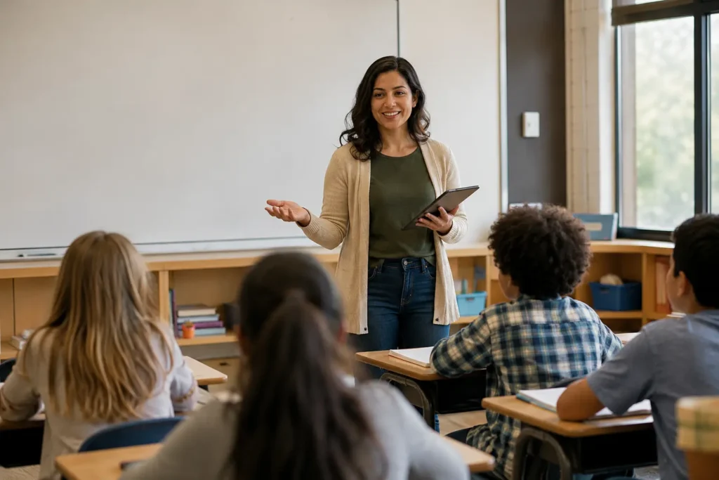 Teacher confidently teaching a class while checking a tablet, showing AI as a support tool not a replacement